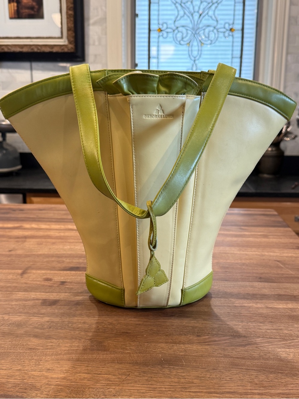 Butter Creme and Green French Basket Leather Tote.